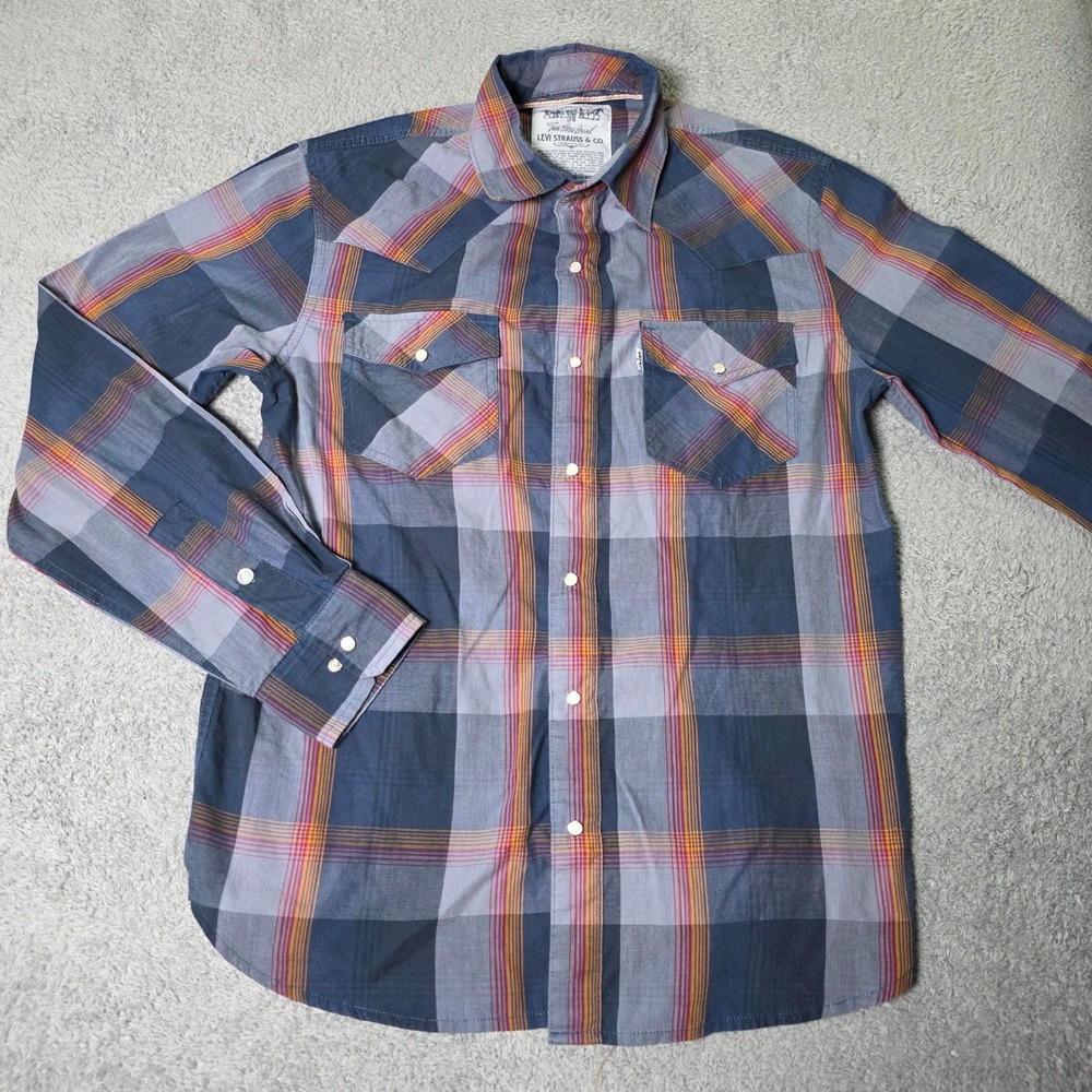 Levi Strauss Mens Small Western Shirt Blue Orange Plaid Pearl Snap Long Sleeve